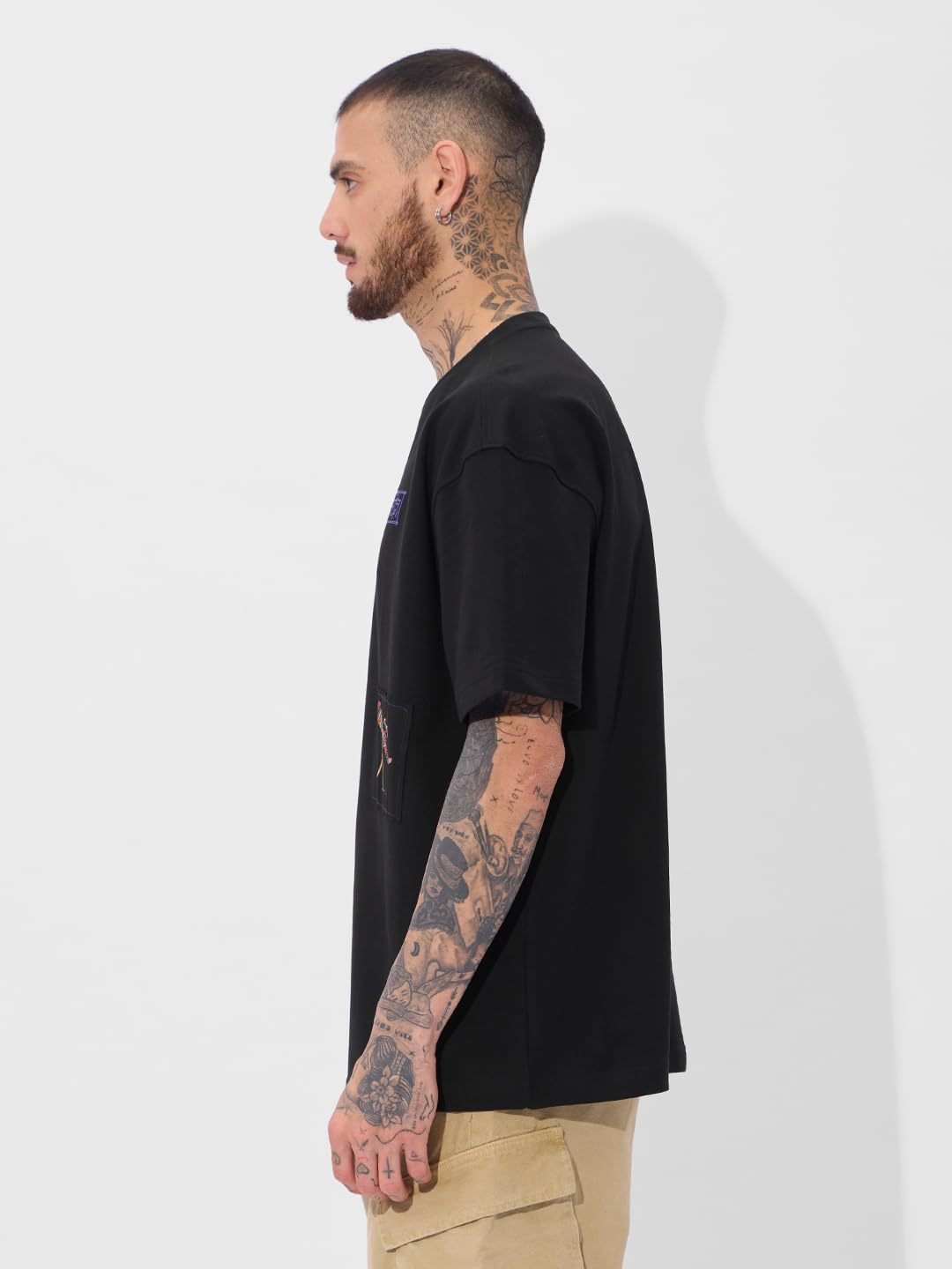 The Souled Store Antariksh Oversized T-Shirt for Men Boys Cotton Casual Half Sleeves Baggy Loose Fit Drop Shoulder Round Neck Black