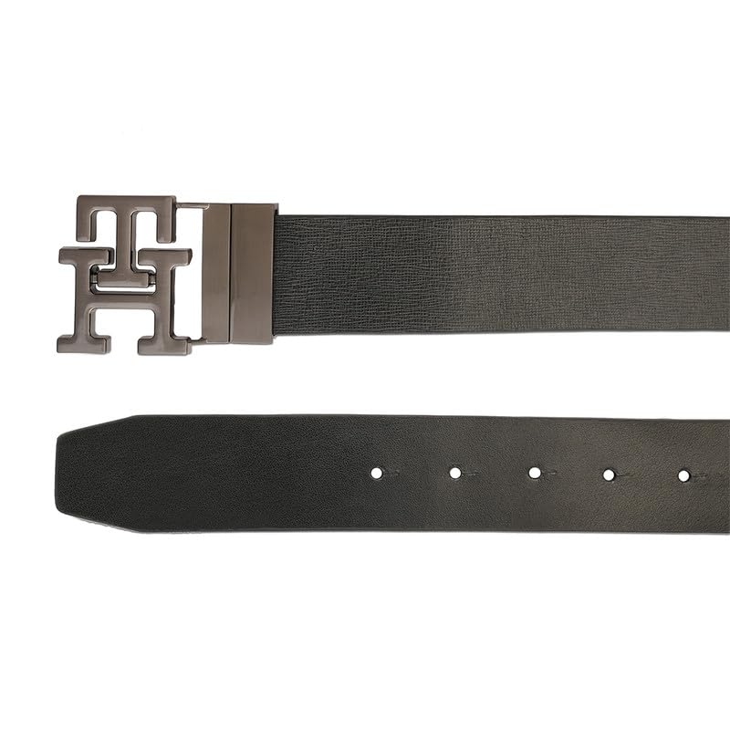 Tommy Hilfiger Men's Phnom Reversible Leather Belt - Textured Black Style With Th Monogram And Brushed Gunmetal Finish - Semi-Formal Versatility | Size L - 100 CM | Ideal for Gifting