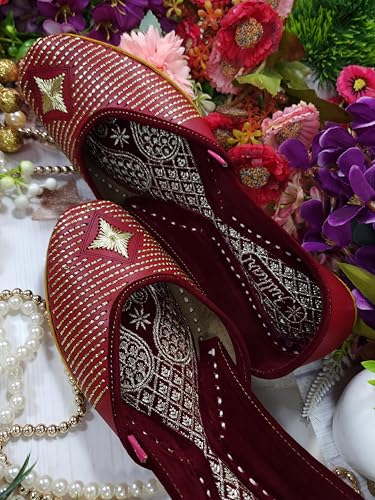 Fulkari Women Red 3D Stone Gold Casual Genuine Soft Leather Jutis | Bite and Pinch Free Juttis | Punjabi Jutti | Girl's Office Flat Ladies Mojari | dailywear Ethnic Juti | 38