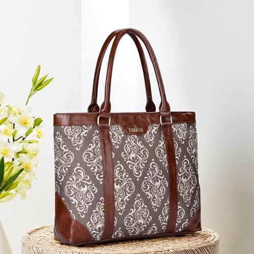 THE CLOWNFISH Miranda Series 15.6 inch Laptop Bag For Women Printed Handicraft Fabric & Faux Leather Office Bag Briefcase Hand Messenger bag Tote Shoulder Bag (Brown)
