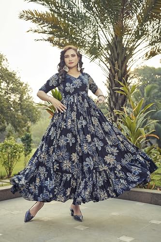 Samprag Rayon Gown for Women | Full Length | Printed | Fit & Flare | 3/4Th Sleeves | V Neck | Stylish | Ideal for Casual, Formal & Party Occassions | Blue | S