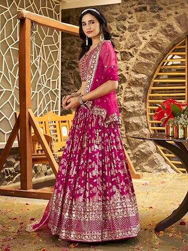 Zeel Clothing Women's Sequins Zari Embroidered Dola Silk Jacquard Lehenga Choli With Dupatta (7100-Women-Lehenga-Choli-Latest, Free size) (Rani Pink)