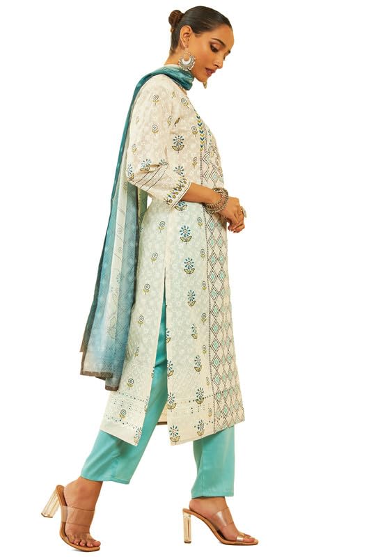 Soch Womens Cream Cotton Blend Print With Embroidered Suit Set With Schiffli