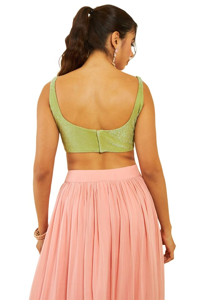 Soch Womens Light Green Shimmery Scoop-Neck Back-Open Sleeveless Blouse