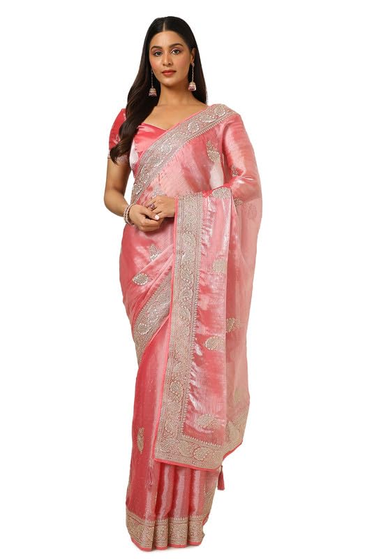 Soch Womens Peach Organza Embroidered Saree With Stone Work