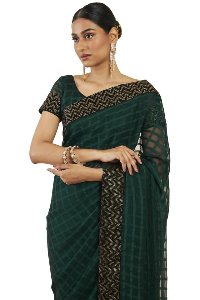 Soch Women Green Silk Checkered Saree (8907715832327_Green_FS)