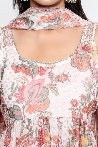W for Woman Floral Printed Chiffon Flared Kurta with Palazzo and Dupatta Set - Off-White (WS13084-126491-L)