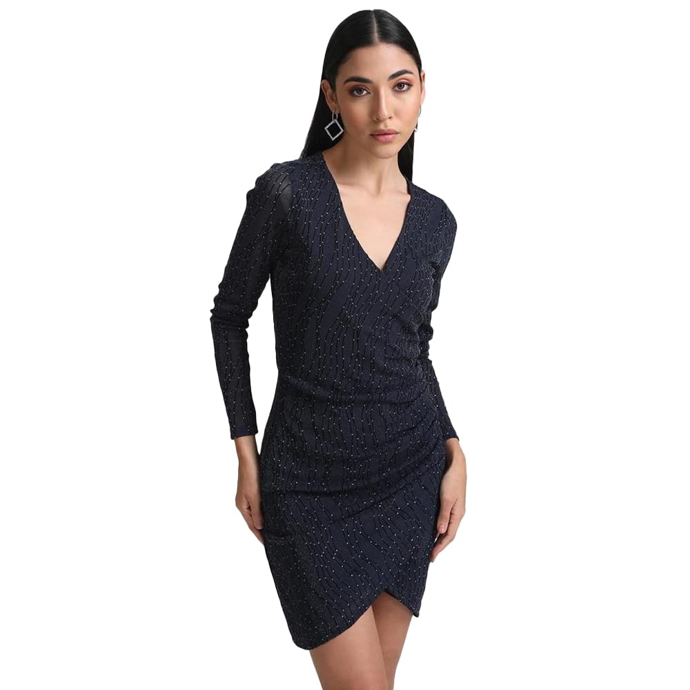 Kazo Abstract Georgette V Neck Women's Mini Dress (Blue,Large)