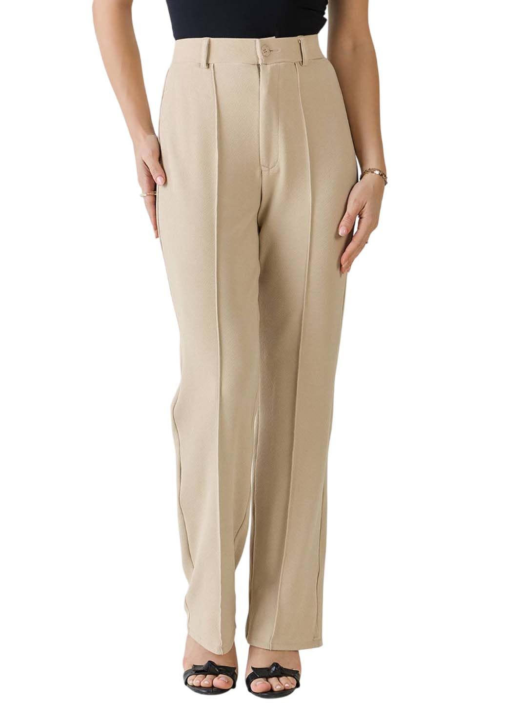 KOTTY Womens Solid Polyester Blend Best Beige Straight fit Trousers (Beige,32)
