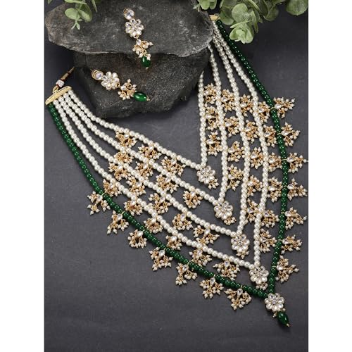 Peora Traditional Green Floral Multi Layered Long Necklace Earrings Jewellery Set For Women Girls
