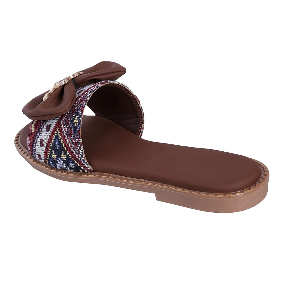 Pluxh Women's Ethnic Woven Crossover Flat Slide Sandals with Satin Bow, Metal Clover Charm & Gold Studded Sole | Casual Slip-On Sandals for Women & Girls|3UK