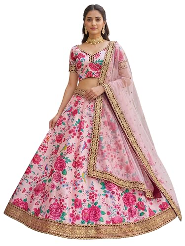 Zeel Clothing Women's Floral Print With Dori, Sequins and Stone Work Art Silk Lehenga Choli with Dupatta (7516-Light-Pink-Wedding-Women-Latest; Free Size)