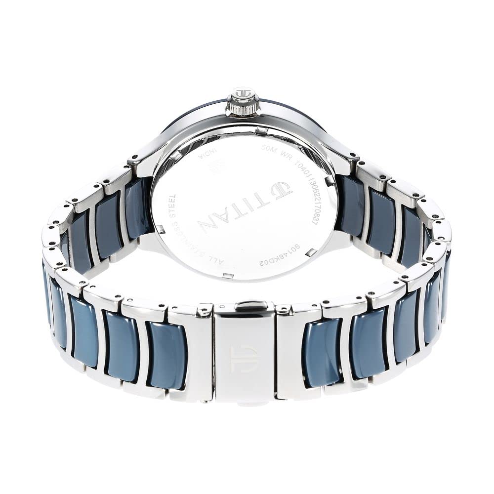 Titan Ceramic Fusion Quartz Multifunction Midnight Blue Dial Two Toned Silver and Metallic Blue Stainless Steel Bracelet Watch for Men - NT90148KD02