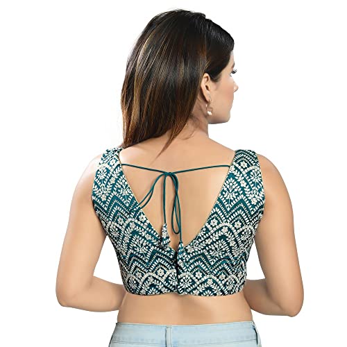 Vamas Women's Silk Padded Self Design Sleeveless Readymade Saree Blouse (X-1034.NS_Cobalt-Blue_38)