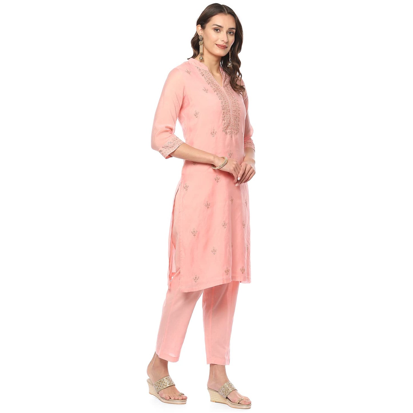 BIBA WOMEN EMBROIDERY NARROW SALWAR KURTA DUPATTA(SKDASSORTED8491_BLUSH PINK_46)