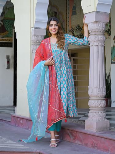 Divena Turquoise blue Floral Muslin Printed Kurta Pand with Dupatta