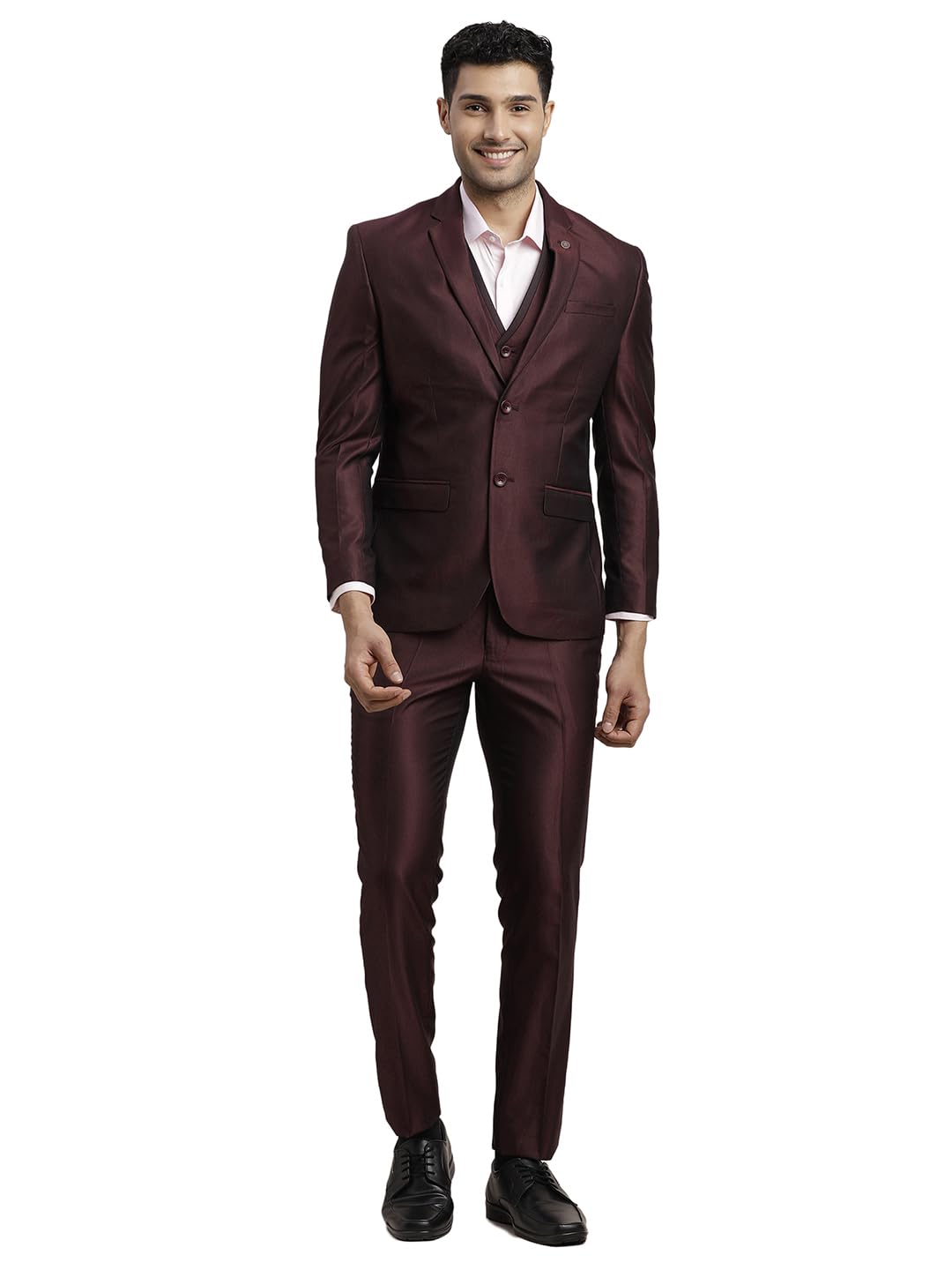 Turtle Men Poly-Viscose Dobby Print Full Sleeve Three Piece Brown Party Suit