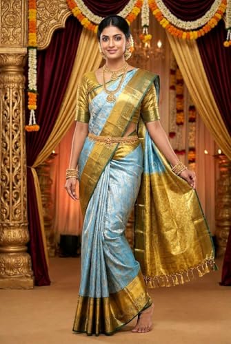 VFCollections Women's Traditional Handloom Kanchipuram Silk Pure Pattu Sarees | Rich Zari Woven Design | Unstitched Blouse (VFC576-2)