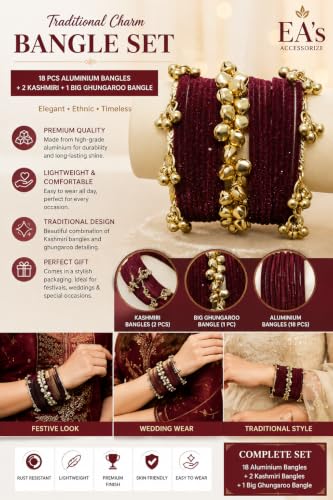 EA'S ACCESSORIZE Traditional Bangle Set for Women | 18 Aluminium with 2 Kashmiri Bangles & 1 Big Ghungaroo Bangle | Lightweight Ethnic Bangles for Wedding Festive 2.8