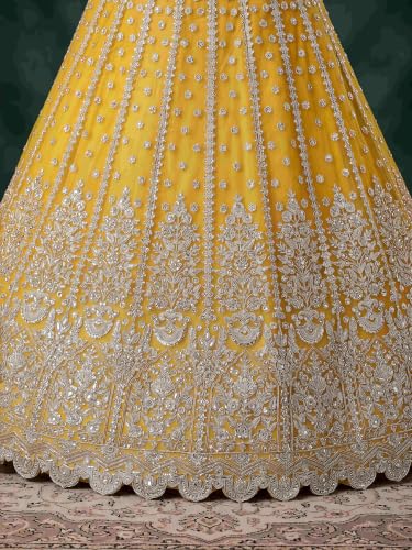 Zeel Clothing Women's Zari Sequins Embroidered Work Soft Net Lehenga Choli With Dupatta (6013-Yellow-Womens-Lehenga-Choli-New; Free size)
