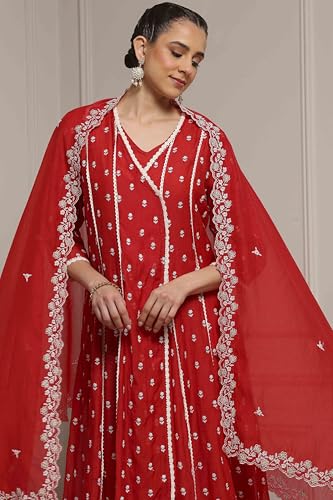 Biba Women Red Chanderi Embroidered Kalidar Suit Set_34