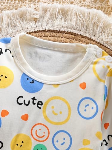 Bold N Elegant Full Sleeve Cotton Fun Cute Cartoon Print Colorful Tshirt & Pajama PJ Sleepwear Casual Clothing Set for Infant Toddler Baby Boy Girl Kids (1-2 Years, Off-White)