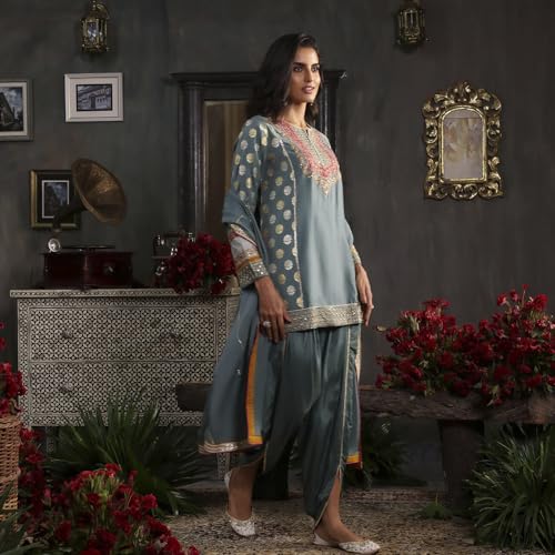 Biba Women's Viscose Kurta Set (SKDBNRSVO30775AW25ERBL_Earthy Blue