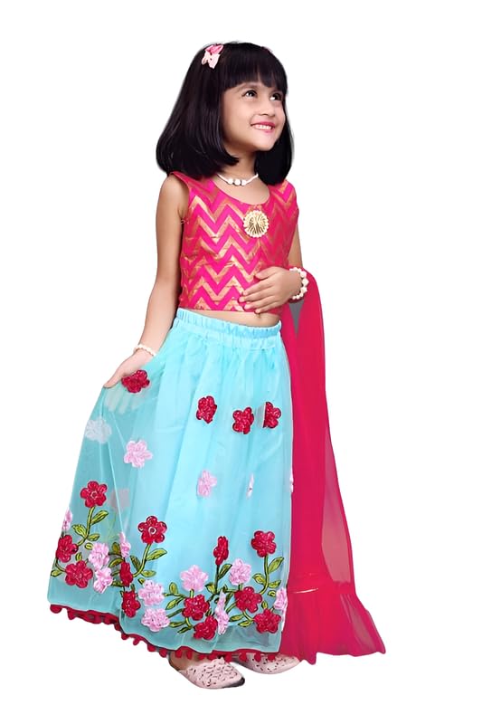 satyamfab Kids Net Fabric Thread Embroidered Work Lehenga With Jacquard Weaving Choli and Smooth Net Dupatta for Girls