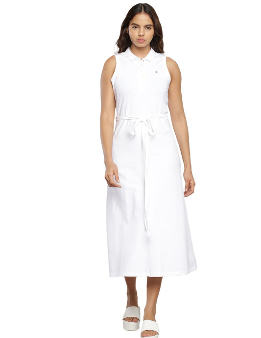 Tommy Hilfiger White Cotton Solid Shirt Collar Sleeveless Flaired Fit Women Dress (F23HWDR014) Size-L