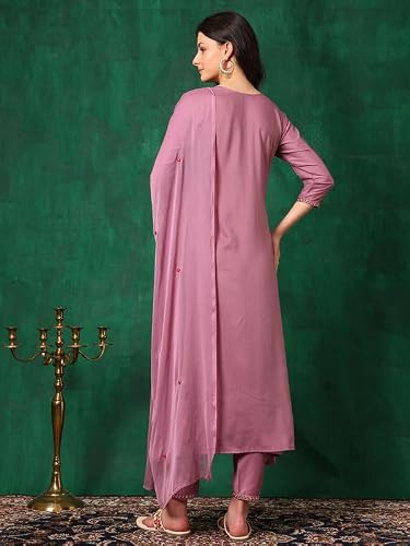 NIVANA Stylish Womens Mirror Embroidered Kurta with Pant & Embroidered Dupatta | Lightweight & Breathable | Ethnic Traditional Outfit for Womens & Girls (Lavender,2XL)
