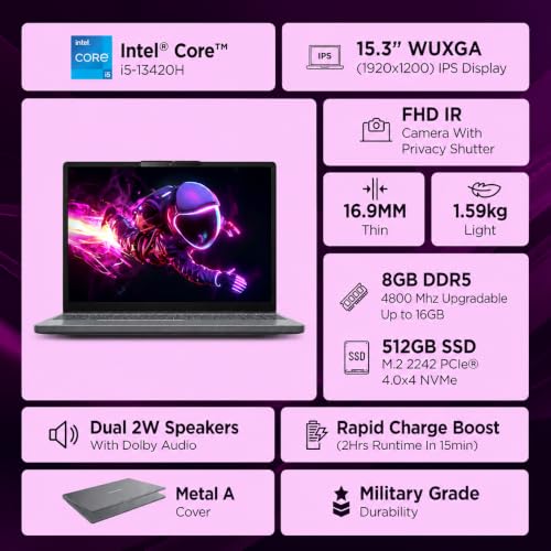 Lenovo IdeaPad Slim 3 13th Gen Intel Core i5-13420H 15.3 inch (38.8cm) WUXGA IPS Laptop (8GB RAM/512GB SSD/Windows 11/MSO 365 Basic + Office 2024/Top Metal Cover/Backlit KB/Grey/1.6Kg), 83K101MFIN