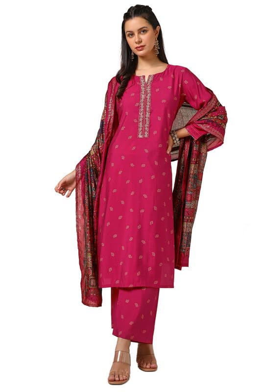 Soch Womens Fuchsia Muslin Blend Bandhani Print Suit Set With Sequins