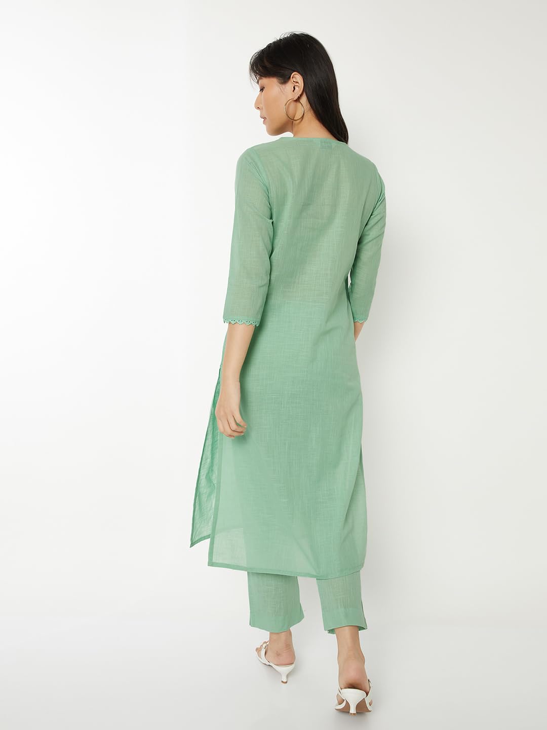 Max Women Embroidered Straight Kurta Set (Green_S)