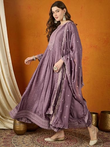 Shampysky Women's Purple Chinon Stitched Top With Chinon Dupatta Full Sleeve Embroidered Anarkali Gown (SSY-1193-Purple-XL)