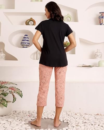 BODYCARE Women's Cotton Printed T-Shirt and Capri Set | Soft & Breathable Nightwear | Short Sleeves | Loungewear Co-Ord Set| BSCS16016_100 Multicolour