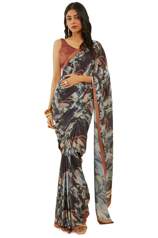 Soch Womens Black Floral Print Crepe Saree