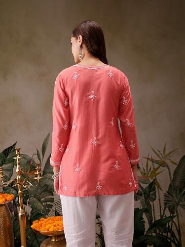 Ada Hand Embroidered Lucknowi Chikankari Muslin Short Kurti Top Tunic for Women A911435 Dark Peach (6XL)