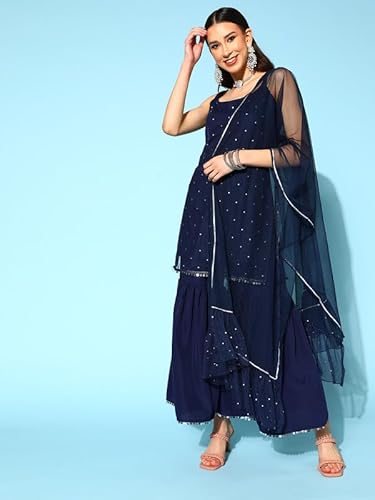 Embroidered Shoulder Straps Beads & Stones Straight Kurta With Sharara & Dupatta