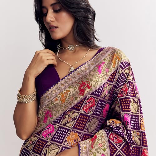 KALKI Fashion Purple Georgette Bandhani Saree With Animal Motifs And Gota Border Silk sarees for women Traditional Ethnic Wear Fashion Wear Wedding Collection Festive Saree