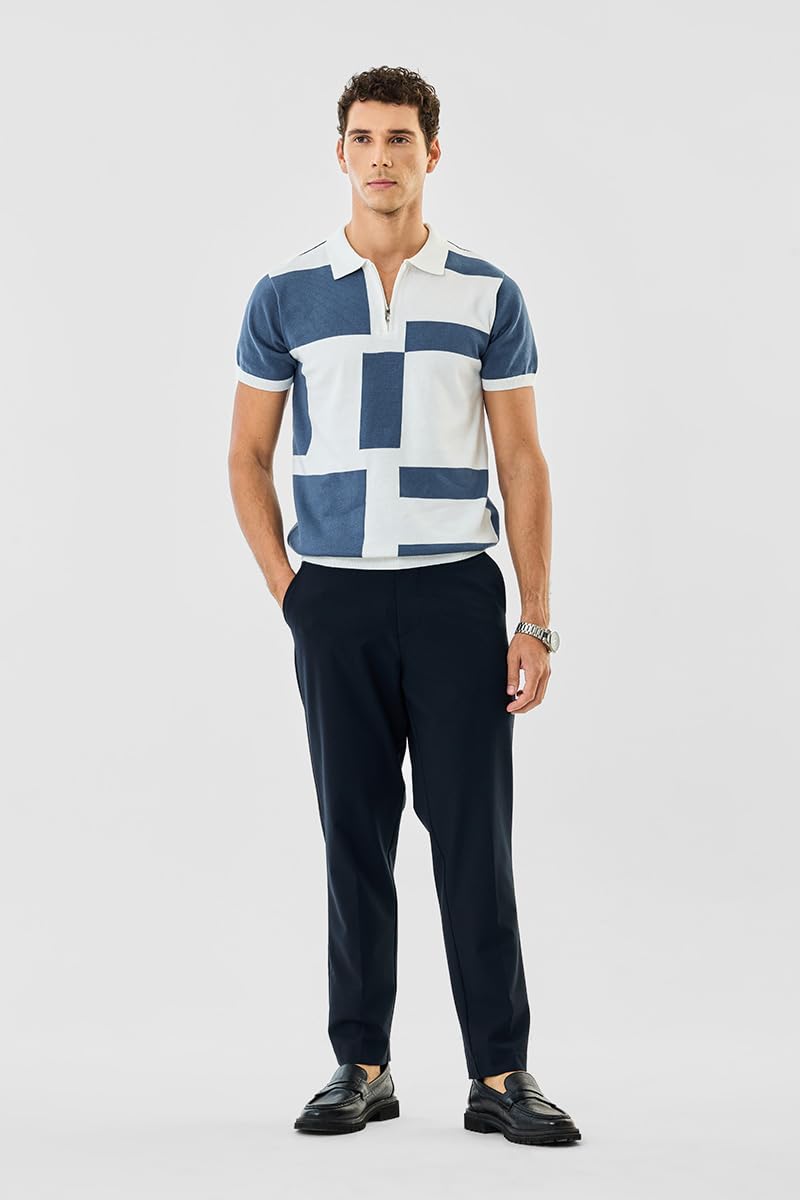 SNITCH Men's Polo T-Shirt | Colour Blocked Pattern & Color-Block Design | 100% Cotton Fabric, Zipper Neckline & Regular Fit | Casual Wear for Everyday Comfort | Blue