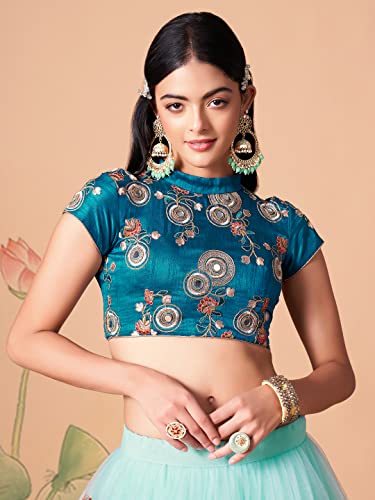 Zeel Clothing Women's Net Embroidered Semi-Stitched Bridal New Lehenga Choli with Dupatta (7320-SkyBlue-Wedding-Bridal-Latest; Free Size) (Sky Blue)