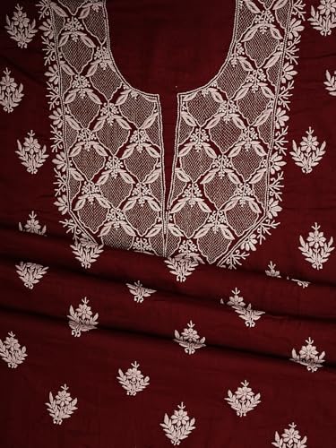 Ada Hand Embroidered Lucknowi Chikankari Unstitched Cotton Dress Material Suit Piece with Dupatta for Women 01A780646 Maroon