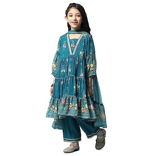 BIBA Girl's Cotton Printed Tired Kurta Kid (Kw5449_Teal_5, Salwar Suit Set)