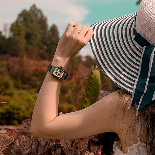 FEICE Women's Automatic Wrist Watch Fashion Skeleton Mechanical Watch with Carbon Fiber Strap Waterproof Wristwatch for Ladies FM606Black