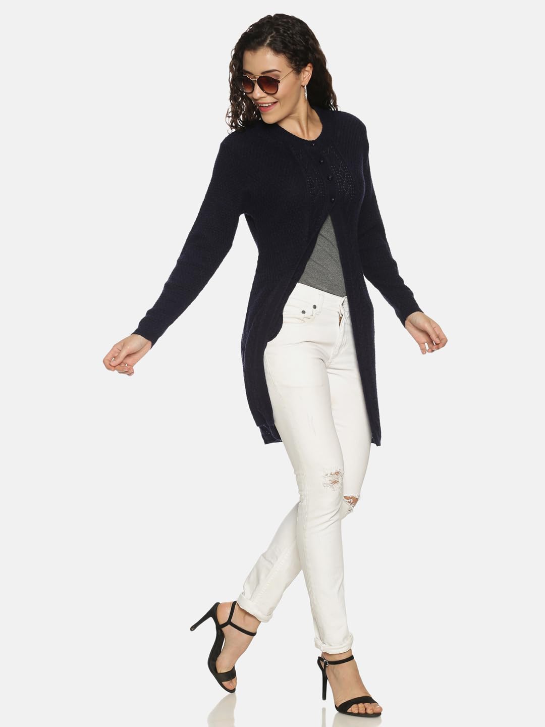 Clapton Winter WearWool Blend Round Neck Full Sleeve Button Self Design/Solid Long Shrug for Women-REXNV4024-NAVY_M