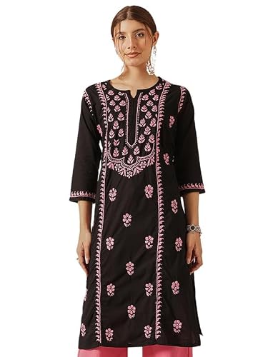 Ada Hand Embroidered Lucknowi Chikankari Straight Cotton Round Neck Kurti Kurta for Women A411771 (2XL) Black/Pink