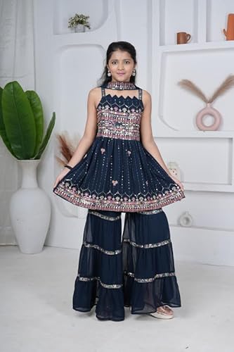 DIGILINE Girls Sharara Set Blue Georgette Embroidered Kurti Sharara Dupatta | Sleeveless Square Neck Anarkali Style Ethnic Set for Girls