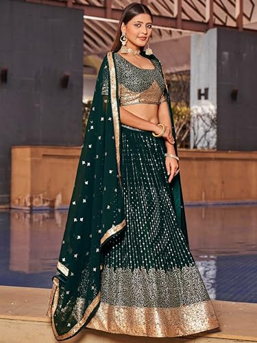 Zeel Clothing Women's Sequins and Thread Embroidery Georgette Semi Stitched Lehenga Choli With Dupatta (5078-Green-Womens-Lehenga-Choli-Latest; Free Size)