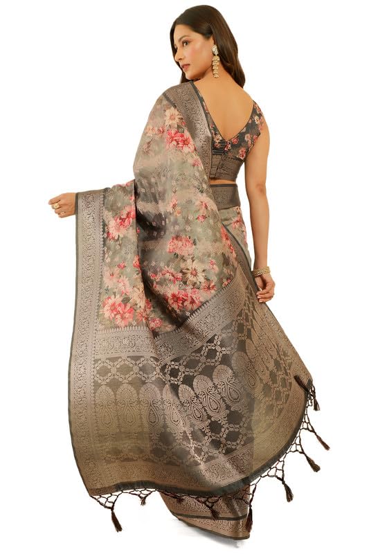 Soch Womens Black Floral Print Jacquard Chanderi Saree