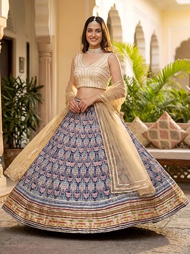 Zeel Clothing Women's Digital Print With Gota Patti Art Silk Lehenga Choli With Dupatta (5053-Blue-Women-Lehenga-Choli-Set; Free Size)